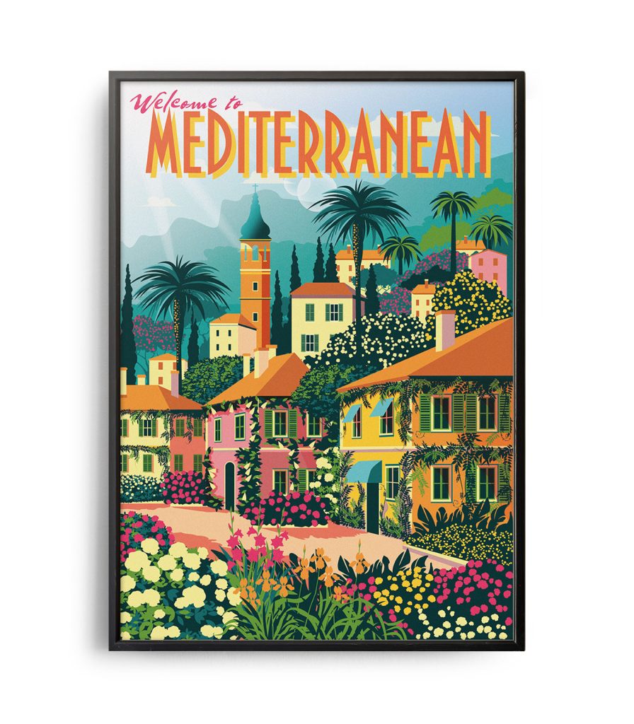 Retro art deco Mediterranean travel poster - Weekend Concept